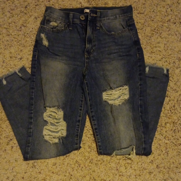 SO Denim - SO High Rise Distressed Blue Mom Jeans